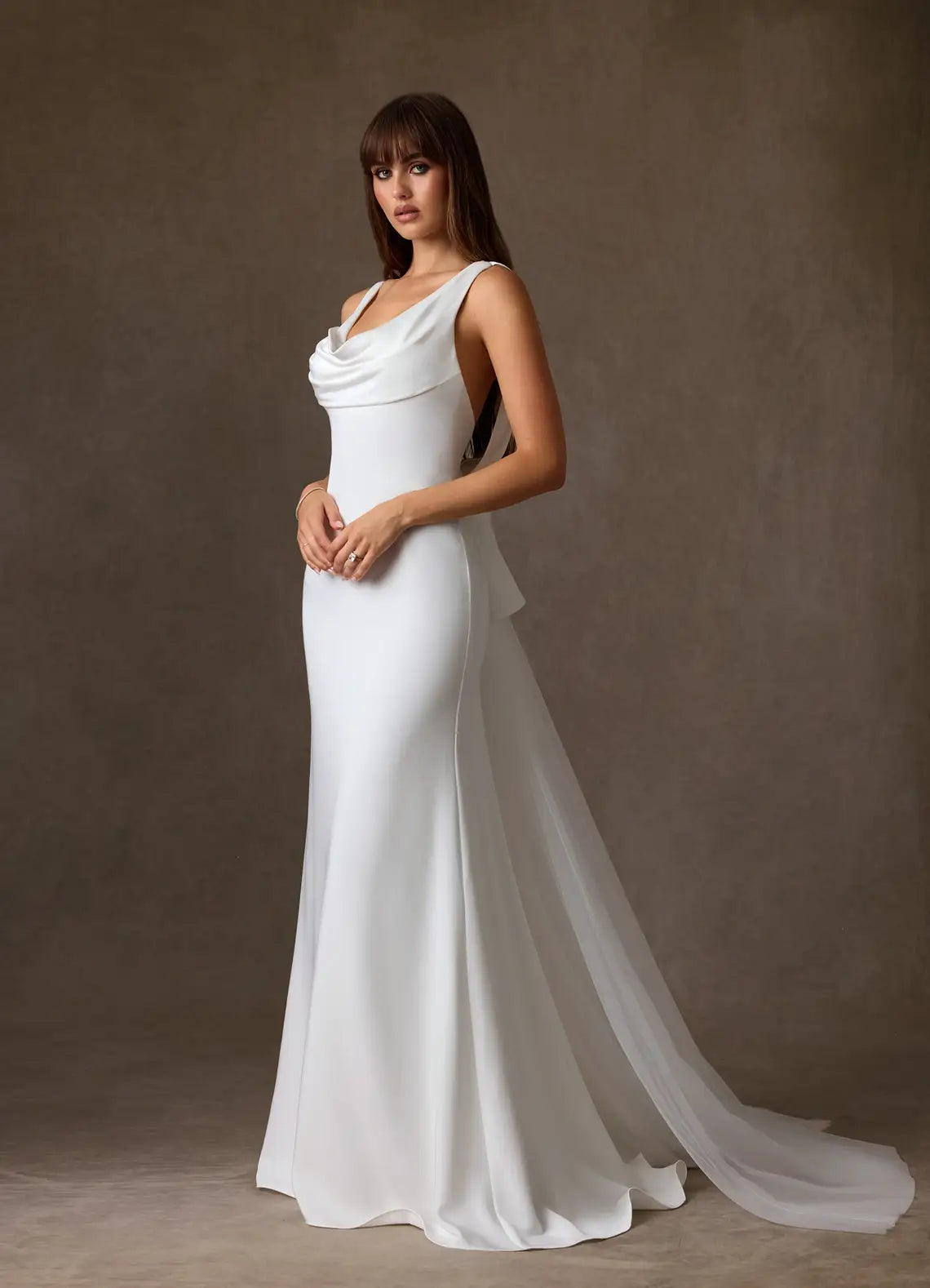 Open low back with tulle train extension Cowl Neck Satin Mermaid Wedding Dress with Floral Back Detail