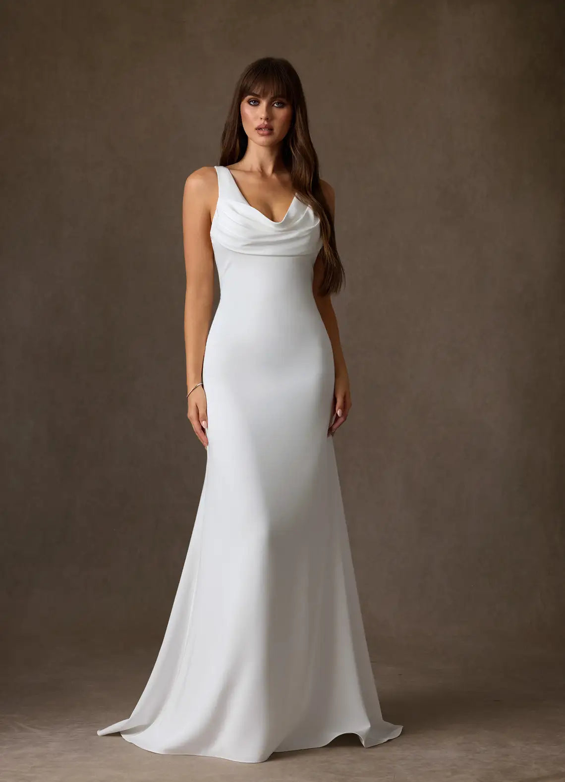 Open low back with tulle train extension Cowl Neck Satin Mermaid Wedding Dress with Floral Back Detail
