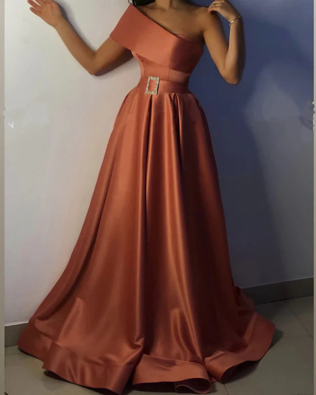 One Shoulder Satin Evening Dresses Long