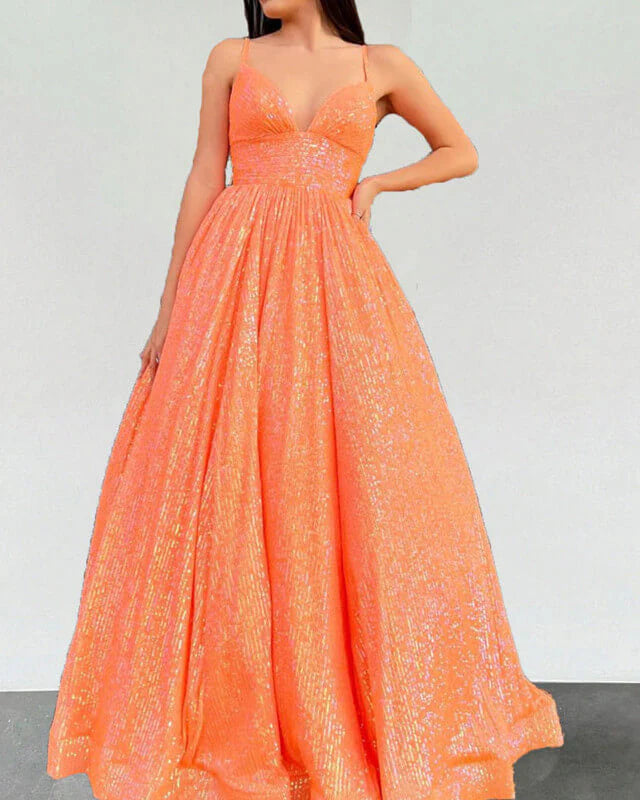Orange Ball Gown Sequin Evening Dresses