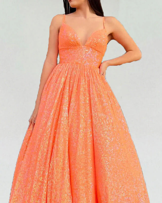 Orange Ball Gown Sequin Evening Dresses