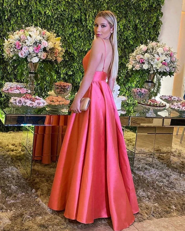 Floor Length Satin V Neck Evening Dresses