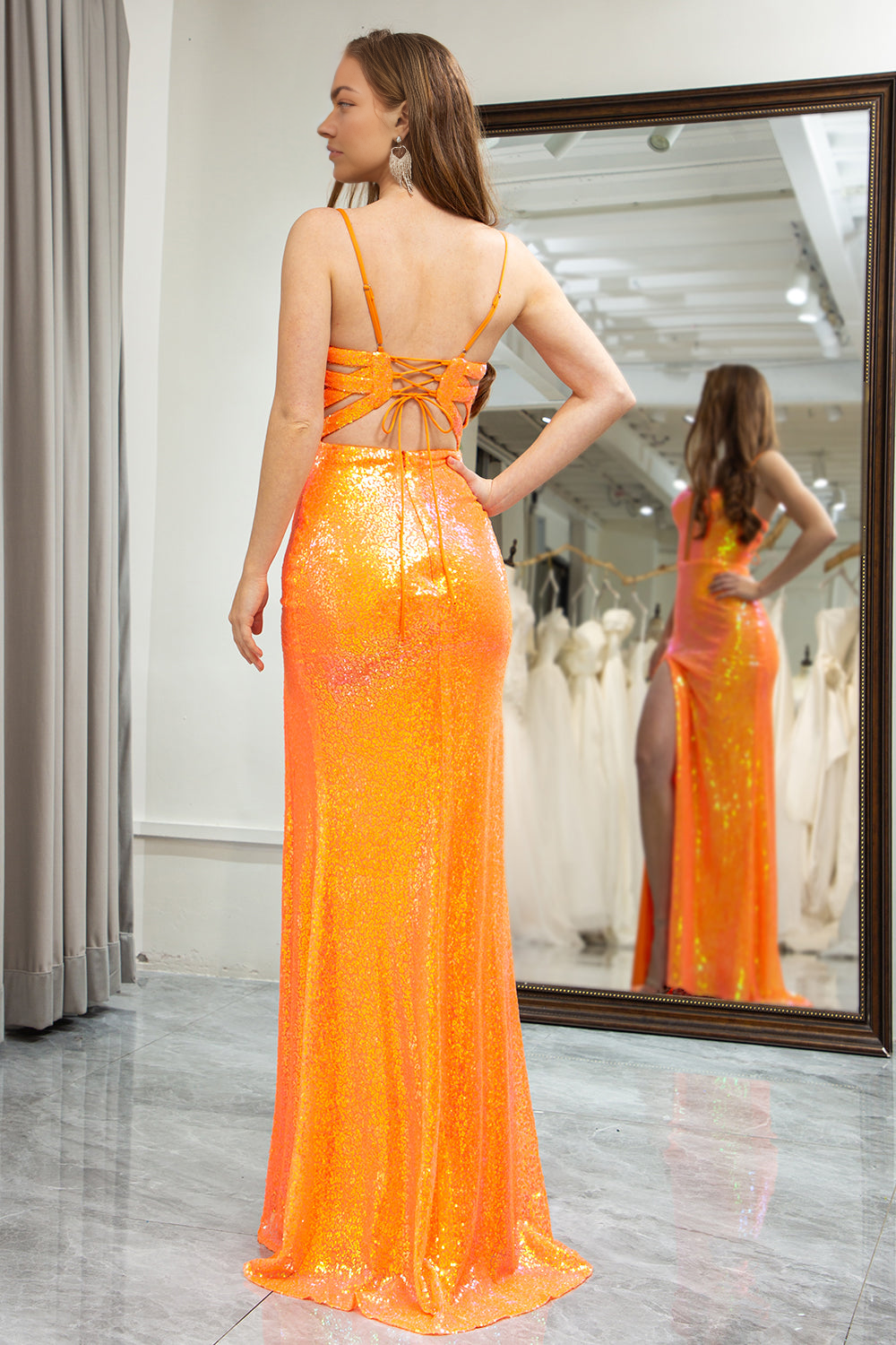 Orange Mermaid Lace Up Long Sequin Prom Dress With Slit