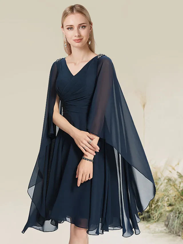 DingjiA-Line Minimalist Elegant Wedding Guest Cocktail Party Dress V Neck Short Sleeve Knee Length Chiffon Lace with Beading