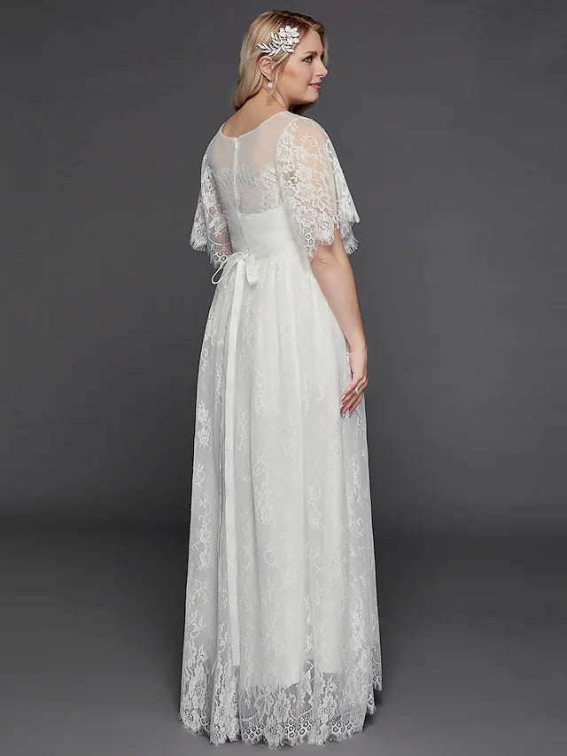 DingjiA-Line Wedding Dresses Illusion Neck Jewel Neck Floor Length Lace Tulle Half Sleeve Formal Boho Little White Dress See-Through with Beading Lace Insert