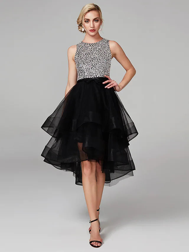 DingjiBall Gown Sparkle & Shine High Low Keyhole Cocktail Party Prom Dress Jewel Neck Sleeveless Knee Length Satin Tulle with Beading Cascading Ruffles
