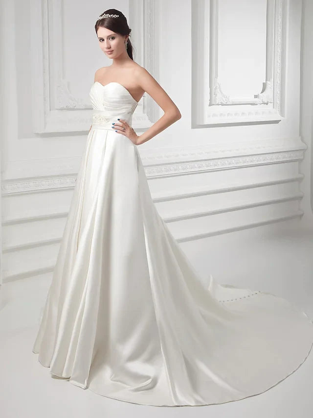 DingjiA-Line Wedding Dresses Sweetheart Neckline Court Train Satin Strapless with Buttons Ruched Beading