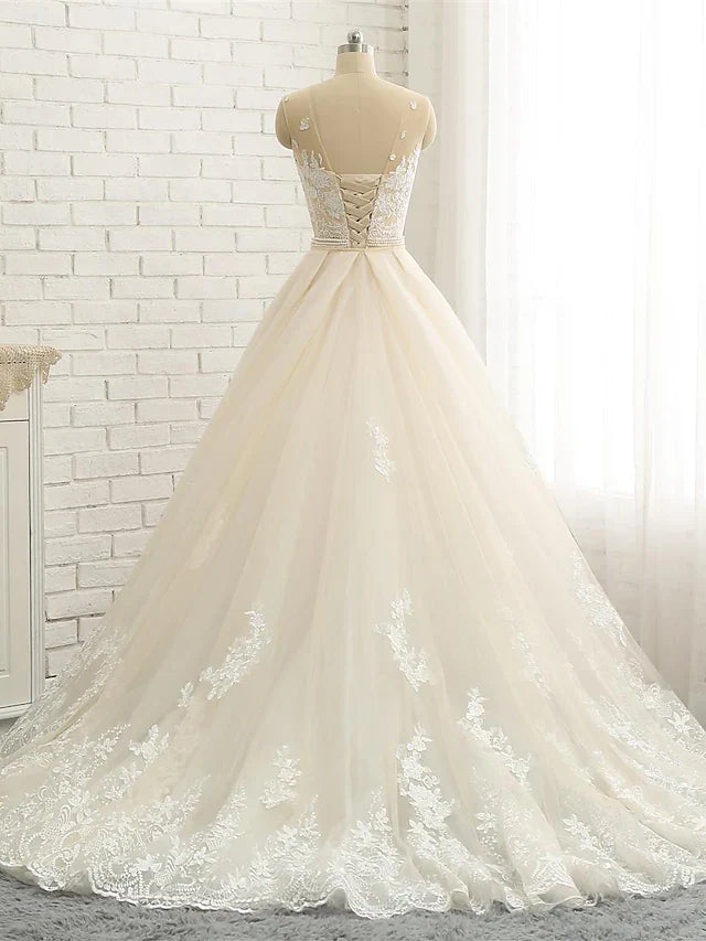 DingjiWedding Dresses Jewel Neck Chapel Train Lace Tulle Lace Over Satin Regular Straps Formal See-Through with Sashes Ribbons Pearls Appliques