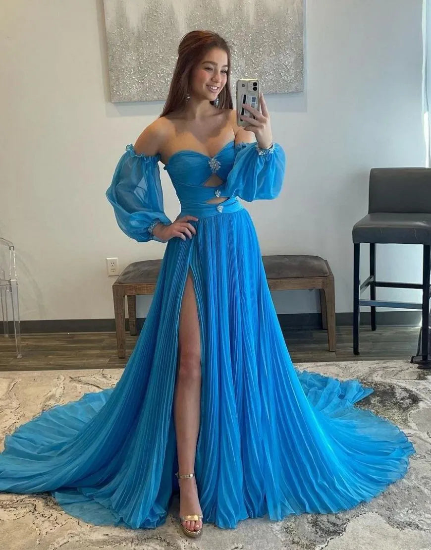 A-Line Court Train Prom Dress With Detachable Sleeves