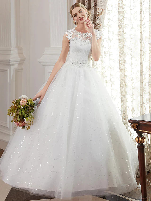 Ball Gown Wedding Dresses Jewel Neck Floor Length Lace Over Tulle Cap Sleeve Romantic Illusion Detail with Beading Appliques