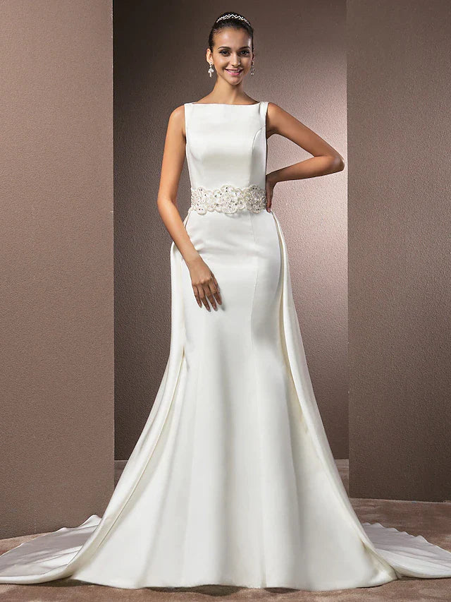 Dingji Wedding Dresses Bateau Neck Cathedral Train Satin Regular Straps Vintage Inspired with Beading