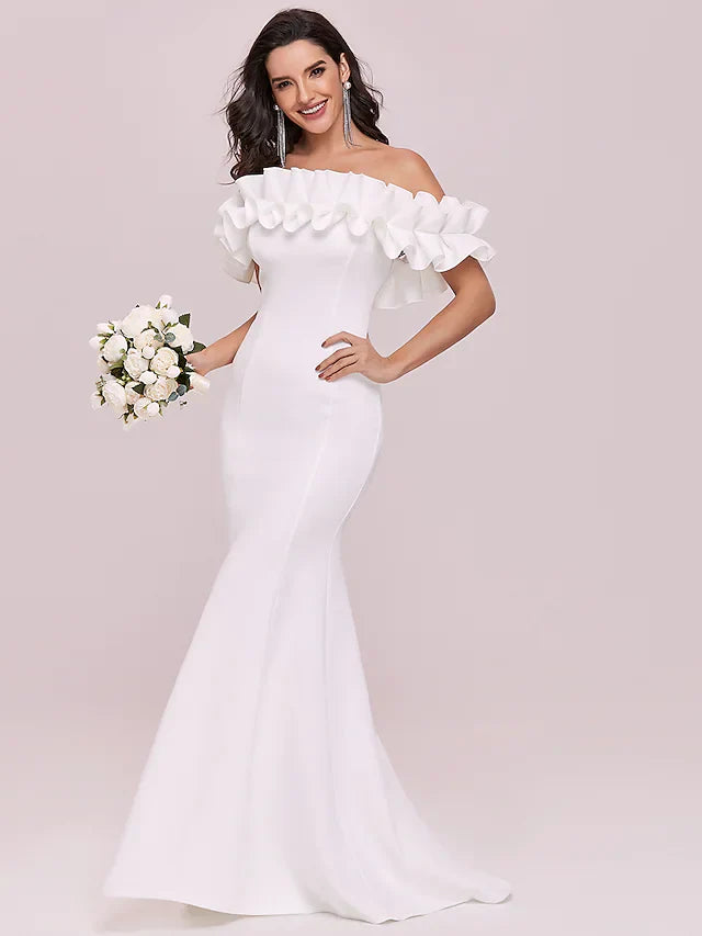 Wedding Dresses Spaghetti Strap Off Shoulder Stretch Fabric Cap Sleeve Romantic Elegant with RufflesWedding Dresses Spaghetti Strap Off Shoulder Stretch Fabric Cap Sleeve Romantic Elegant with Ruffles