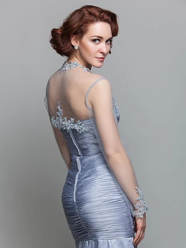 Mother of the Bride Dress Wrap Included Strapless Floor Length Lace Taffeta Long Sleeve with Ruched Beading Appliques