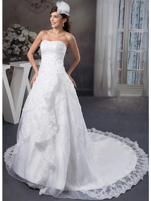 DingjiA-Line Wedding Dresses Strapless Chapel Train Lace Organza Satin Strapless with Beading Appliques Cascading Ruffles