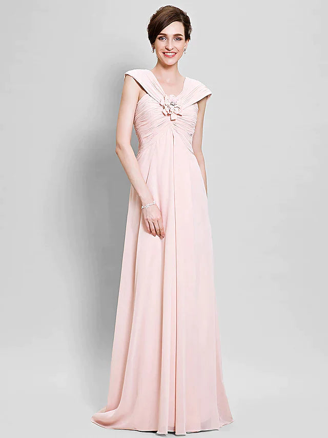 Mother of the Bride Dress Floral V Neck Floor Length Chiffon Sleeveless with Criss Cross Flower