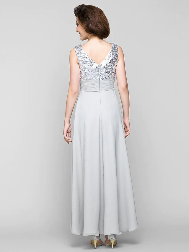 A-Line Mother of the Bride Dress Sparkle & Shine Bateau Neck Ankle Length Chiffon Sleeveless with Sash Ribbon Sequin