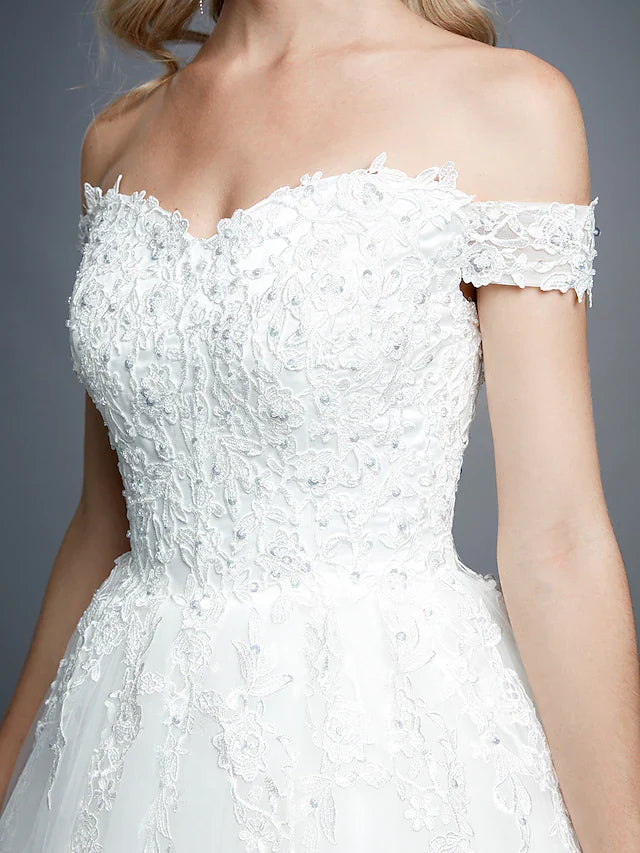 DingjiBall Gown Wedding Dresses Off Shoulder Court Train Lace Tulle Short Sleeve Romantic Sparkle & Shine with Beading Appliques