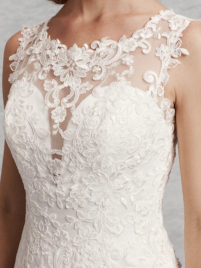 DingjiWedding Dresses Scoop Neck Court Train Lace Satin Tulle Regular Straps Beautiful Back with Lace Appliques