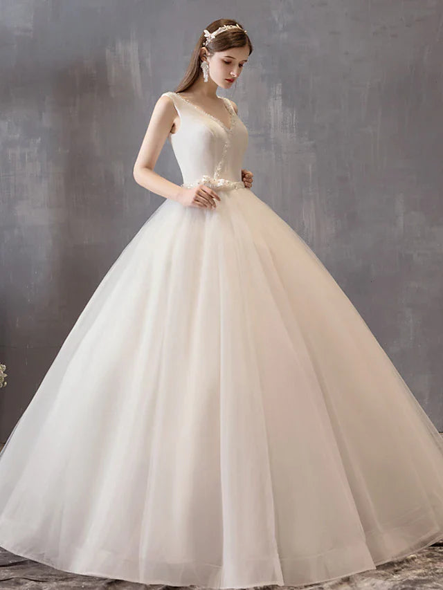Dingji Princess Ball Gown Wedding Dresses V Neck Floor Length Satin Tulle Sleeveless Formal Luxurious with Bow(s) Beading