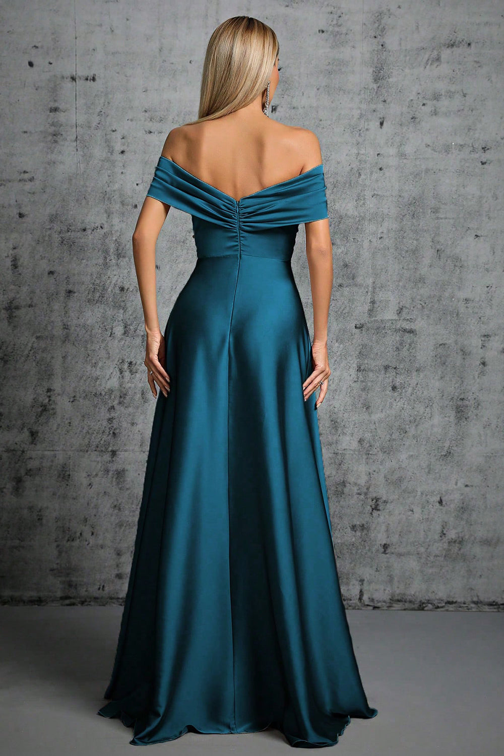 Peacock Blue Satin Off The Shoulder Pleated Formal Mother of the Bride Dress