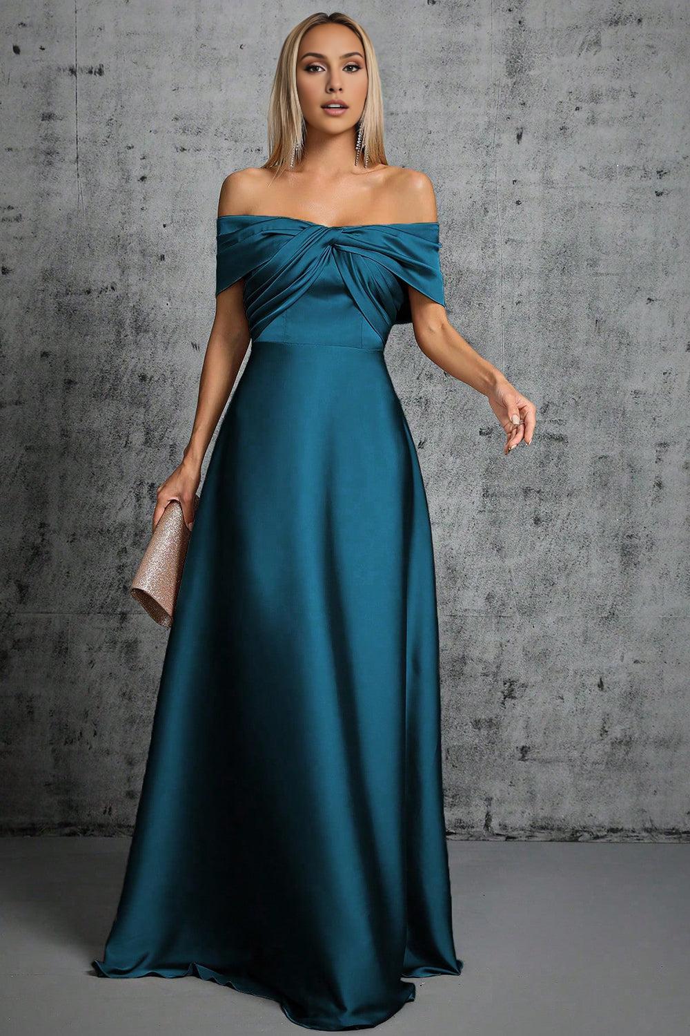 Peacock Blue Satin Off The Shoulder Pleated Formal Mother of the Bride Dress