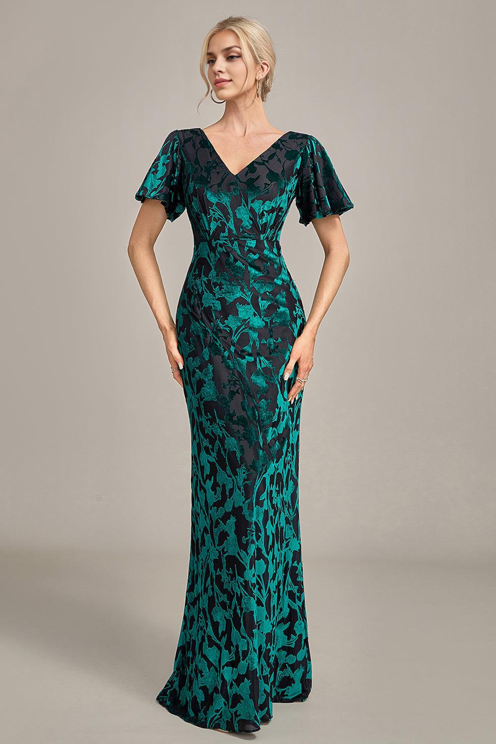 A-Line V Neck Velvet Mother of the Bride Dress With Short Sleeves