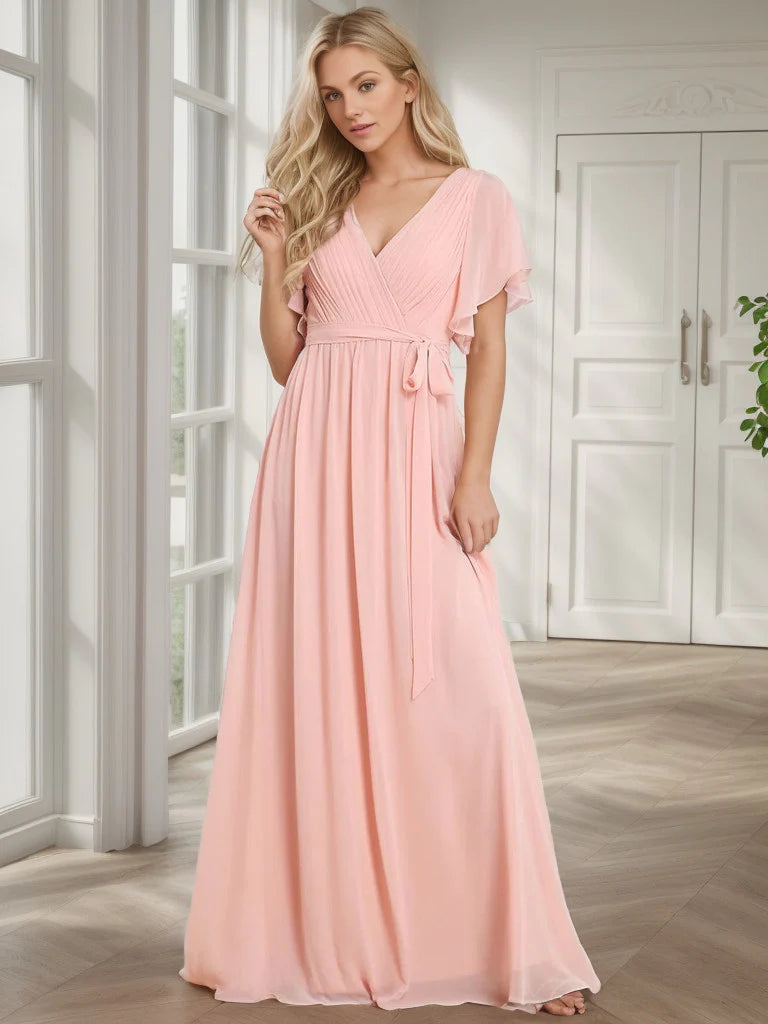 A-Line Pleated Chiffon Tie-Waist Evening Dress