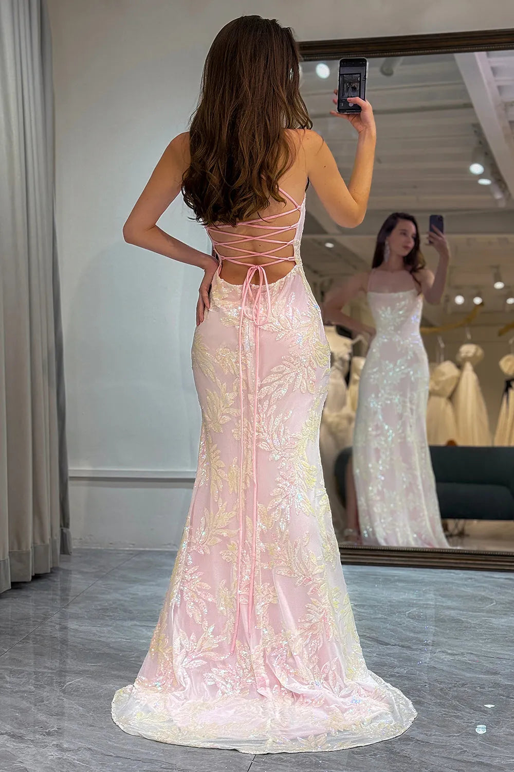 Spaghetti Straps Lace Up Long Mermaid Prom Dress With Split