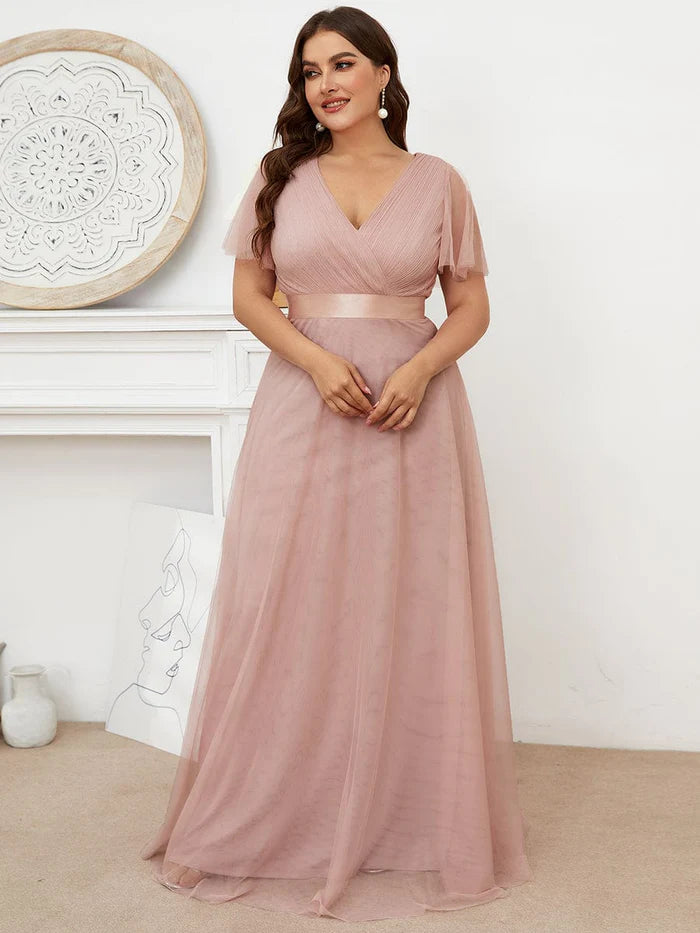 Double V-Neck Floor-Length Short Sleeve Tulle Bridesmaid Dresses