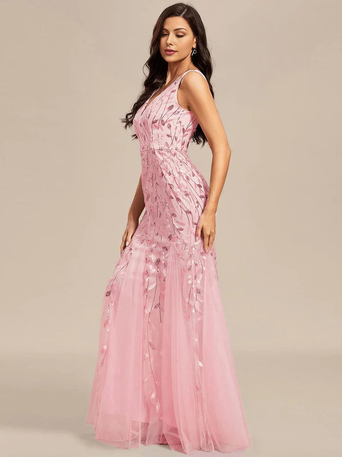 Sleeveless Deep V-Neck Fishtail Leaf Sequin Evening Dress