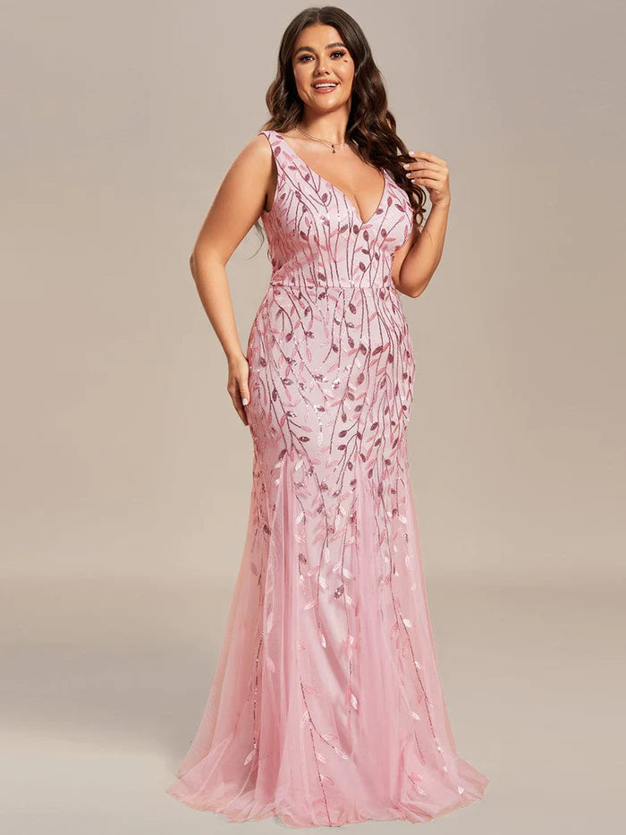 Sleeveless Deep V-Neck Fishtail Leaf Sequin Evening Dress