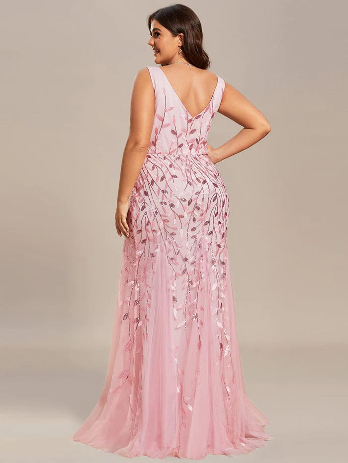 Sleeveless Deep V-Neck Fishtail Leaf Sequin Evening Dress