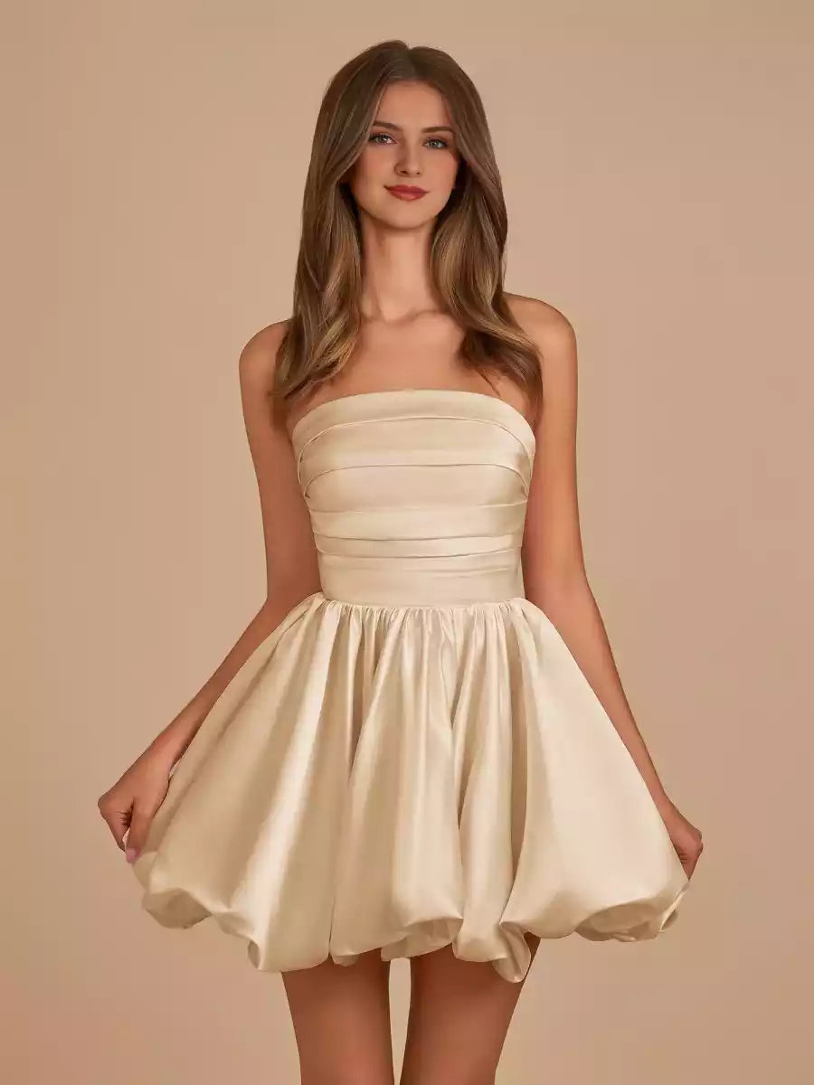 Playful Bubble Bottom Satin A-line Shoulder Strap Back Homecoming Dresses