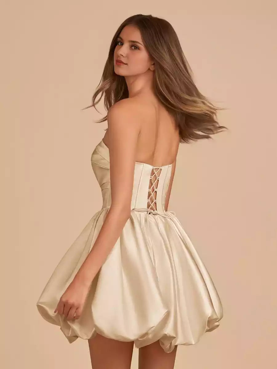 Playful Bubble Bottom Satin A-line Shoulder Strap Back Homecoming Dresses