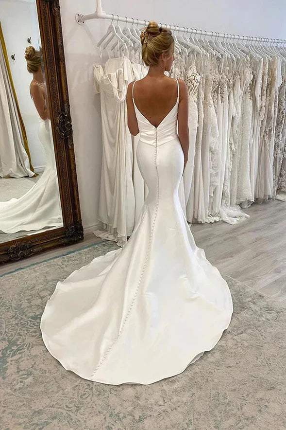 Satin Mermaid Spaghetti Straps Pleated Wedding Dresses Bridal Gown