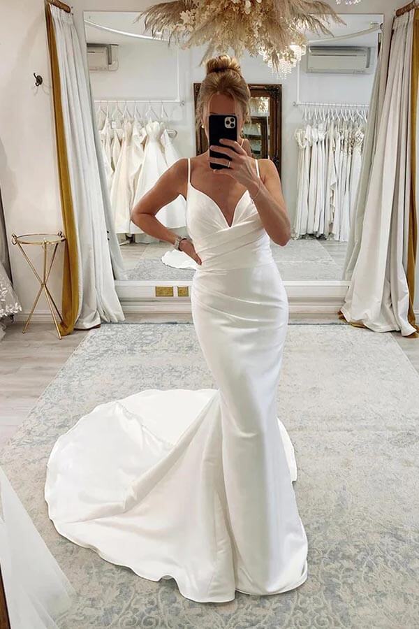 Satin Mermaid Spaghetti Straps Pleated Wedding Dresses Bridal Gown