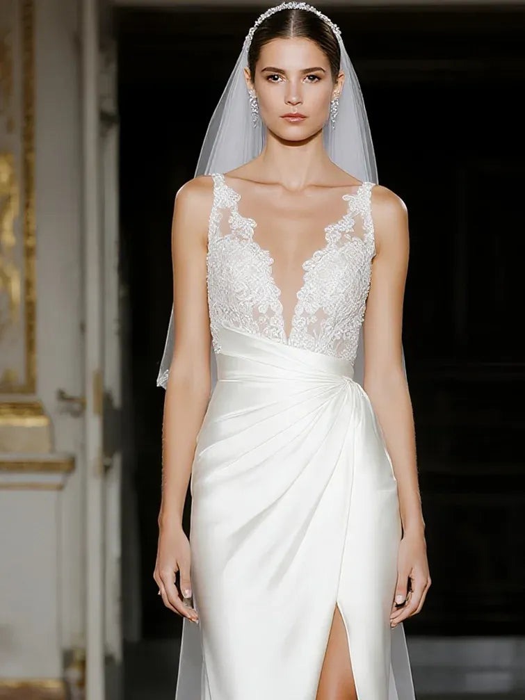 Plunge V-Neck Lace & Satin Wedding Dress with High Slit & Illusion Back - Elegant Bridal Gown