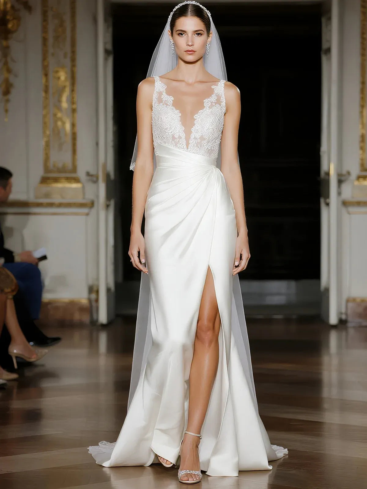 Plunge V-Neck Lace & Satin Wedding Dress with High Slit & Illusion Back - Elegant Bridal Gown