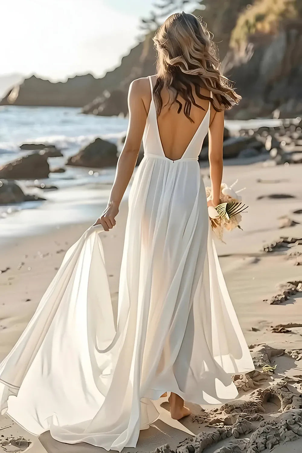 Plunging V-Neck Chiffon A-Line Wedding Dress with Tie Waist and Deep V-Back - Bohemian Bridal Gown
