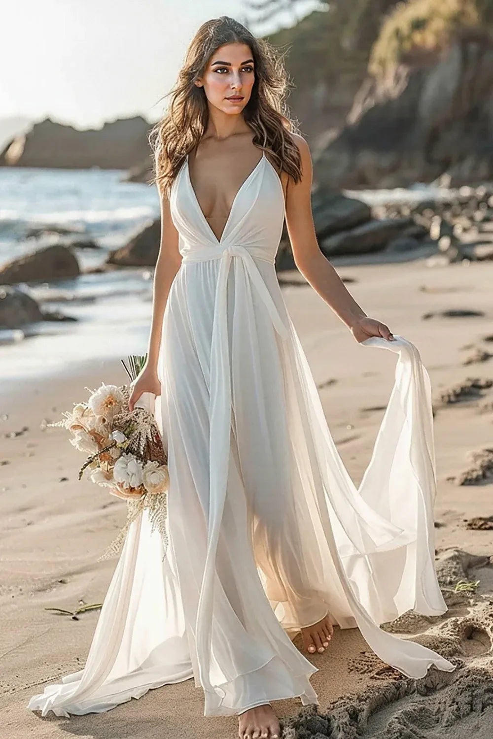 Plunging V-Neck Chiffon A-Line Wedding Dress with Tie Waist and Deep V-Back - Bohemian Bridal Gown