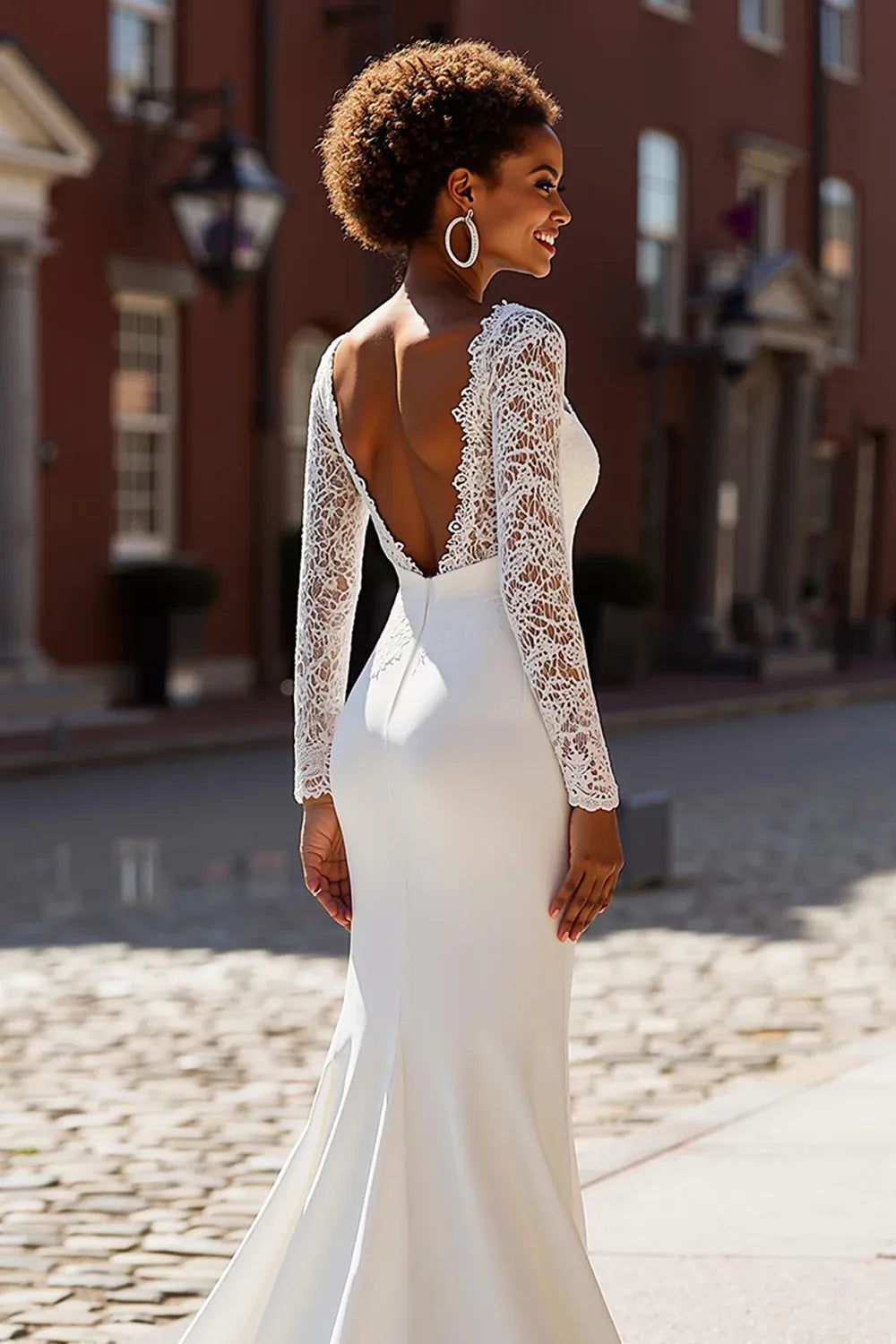 Plunging V-Neck Lace Mermaid Wedding Dress with Long Sleeves and Low V-Back - Romantic Bridal Gown