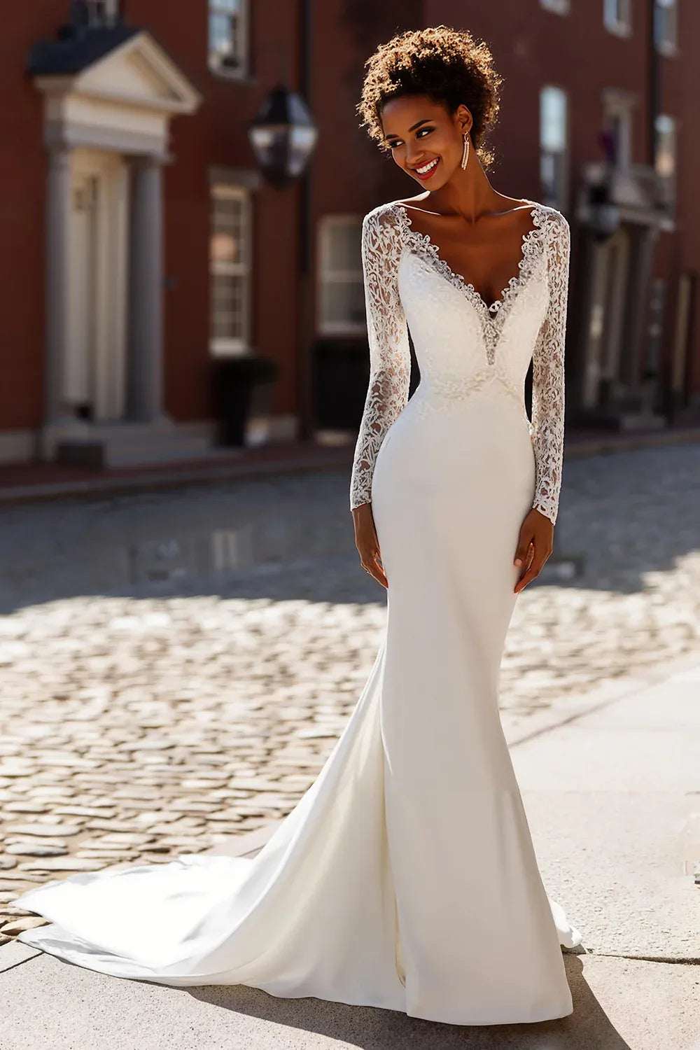 Plunging V-Neck Lace Mermaid Wedding Dress with Long Sleeves and Low V-Back - Romantic Bridal Gown