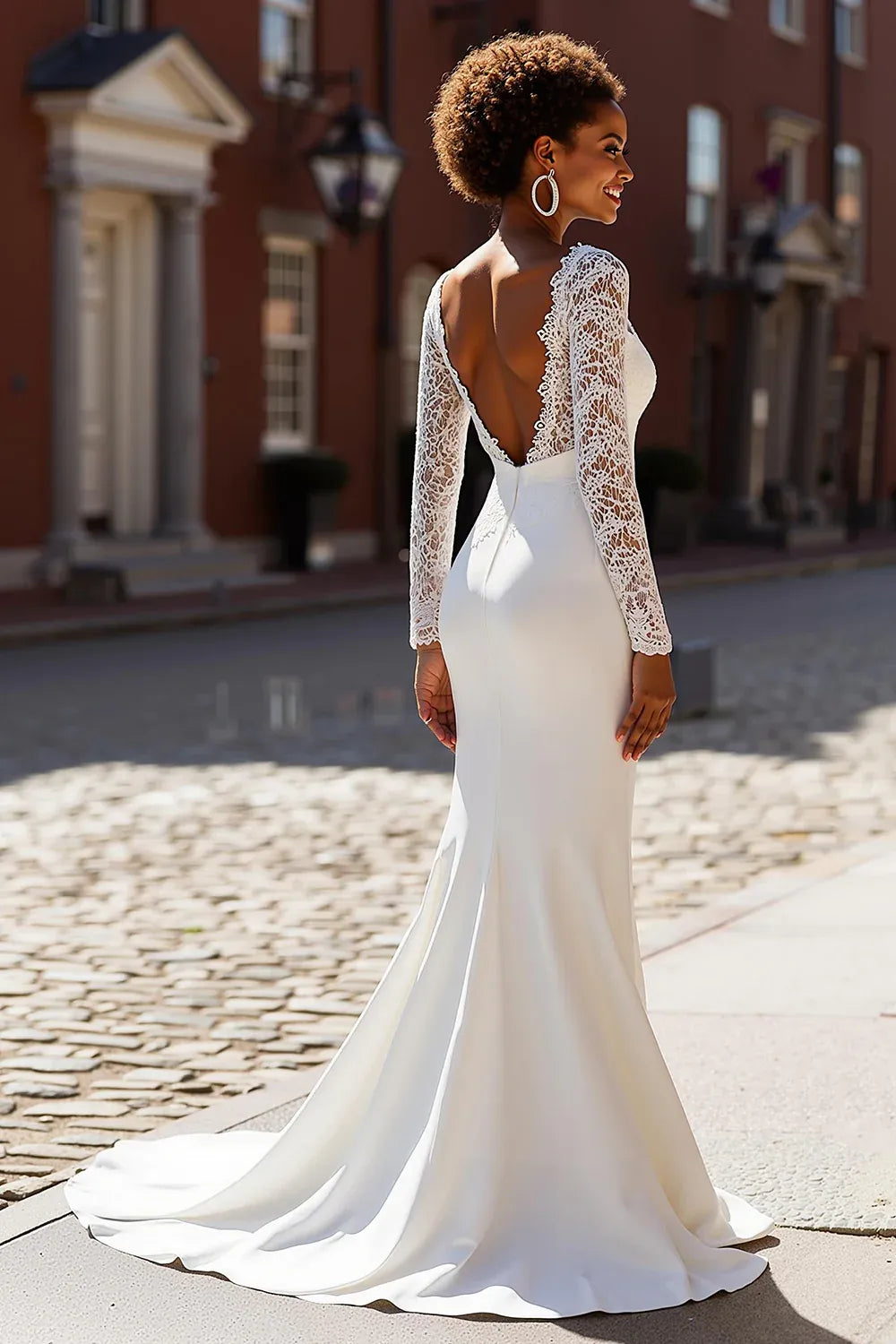 Plunging V-Neck Lace Mermaid Wedding Dress with Long Sleeves and Low V-Back - Romantic Bridal Gown
