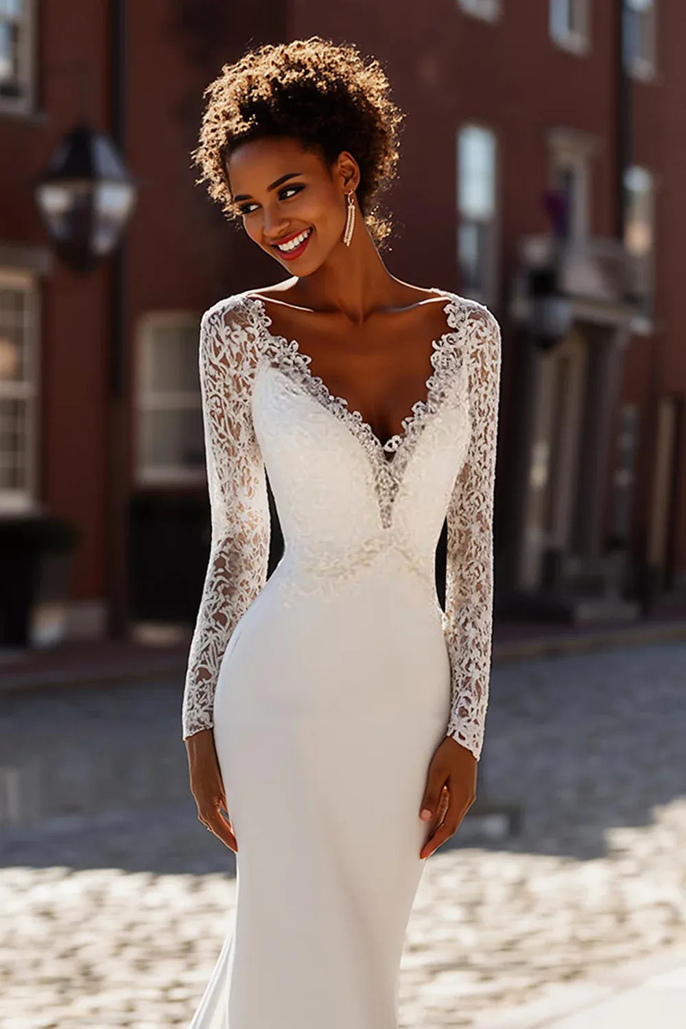 Plunging V-Neck Lace Mermaid Wedding Dress with Long Sleeves and Low V-Back - Romantic Bridal Gown