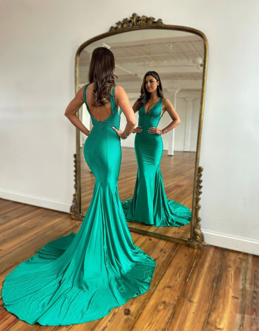 Mermaid Deep V-Neck Court Train Prom Party Dress