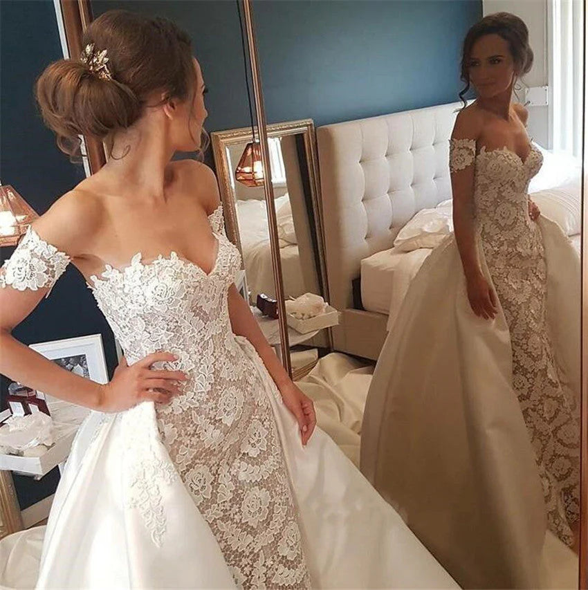 Pretty Of The Shoulder Lace Satin Long Wedding Dresses Wedding