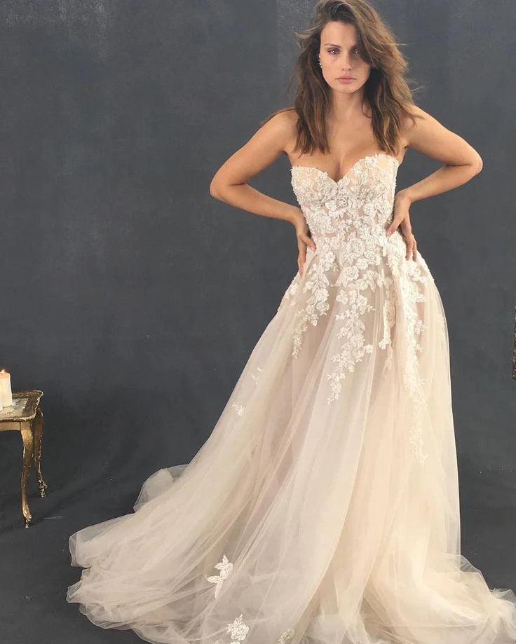 Princess A Line Sweetheart Tulle Lace Applique Ivory Wedding Dress Long Bride Dresses