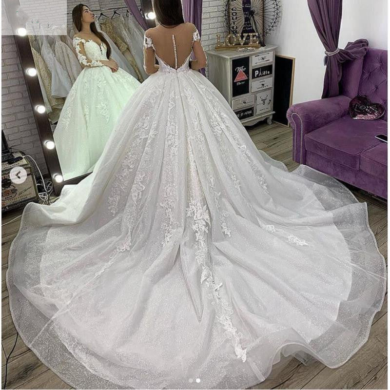 Dingji WeddingjiDress Princess Long Ball Gown Long Sleeves V Neck Tulle Wedding Dress With Appliques