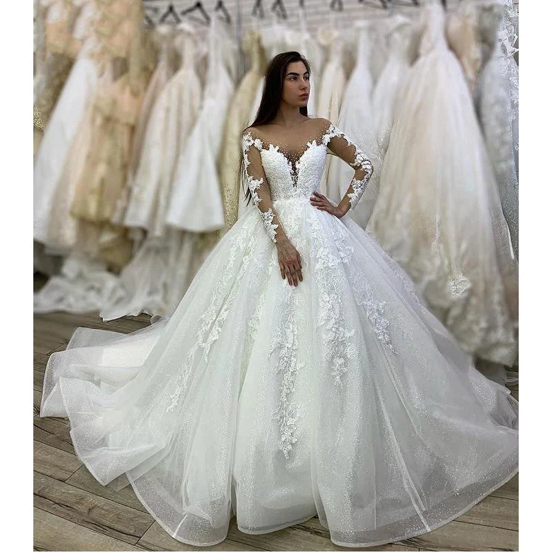 Dingji WeddingjiDress Princess Long Ball Gown Long Sleeves V Neck Tulle Wedding Dress With Appliques
