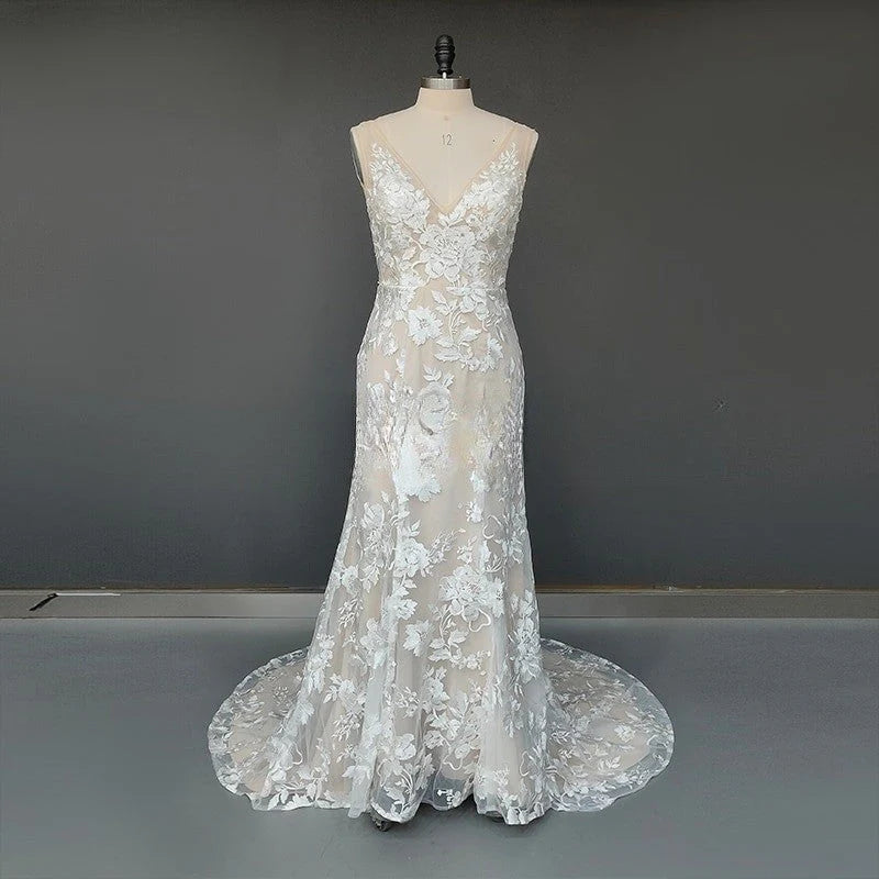 Princess Mermaid V Neck Lace Appliques Ivory Wedding Dresses